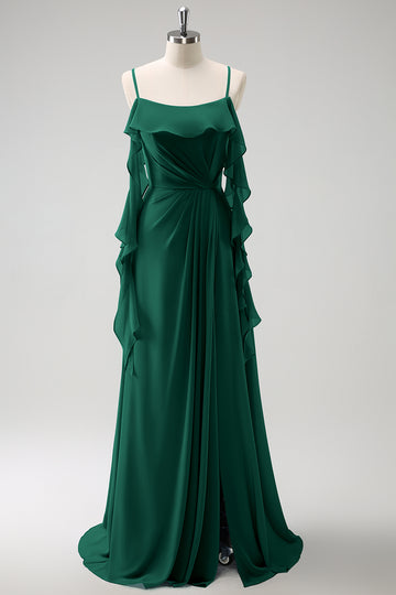 Gris Azul Un Vestido de Dama de Honor Largo de Gasa con Tirantes de Espagueti Azul A con Abertura